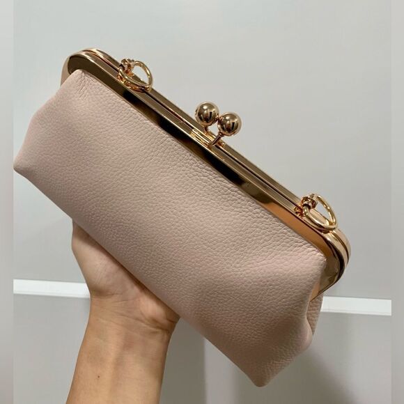 Soft Pink Genuine Pebble Leather Kisslock Clutch/Shoulder Bag/Crossbody - Picture 9 of 15